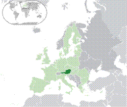 Location of  Austria  (dark green) on the European continent  (light green & dark grey) in the European Union  (light green)    [Legend]