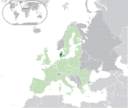 Location of  Denmark  (dark green) on the European continent  (green & dark grey) in the European Union  (green)    [Legend]