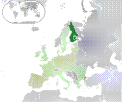 Location of  Finland  (dark green) on the European continent  (green & dark grey) in the European Union  (green)    [Legend]