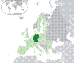 Location of  Germany  (dark green) on the European continent  (green & dark grey) in the European Union  (green)    [Legend]