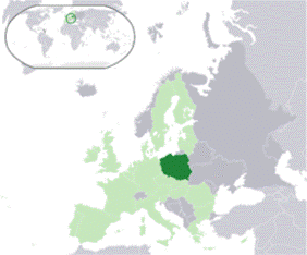 Location of  Poland  (dark green) on the European continent  (green & dark grey) in the European Union  (green)    [Legend]