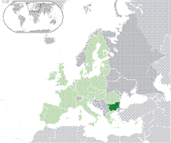 Location of  Bulgaria  (green)– on the European continent  (light green & grey)– in the European Union  (light green)  —  [Legend]