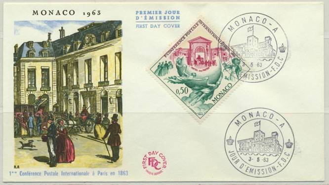 Image 1 - Monaco Sc. 541 1 Intl Postal Conference Paris Hotel des Postes 1863 on 1963 FDC