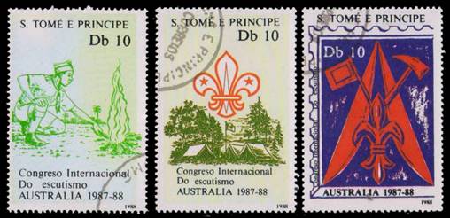 ST. THOMAS & PRINCE ISLANDS 1988-Set of 3, Scout, Scott No. 846 a-c, Boy Scout
