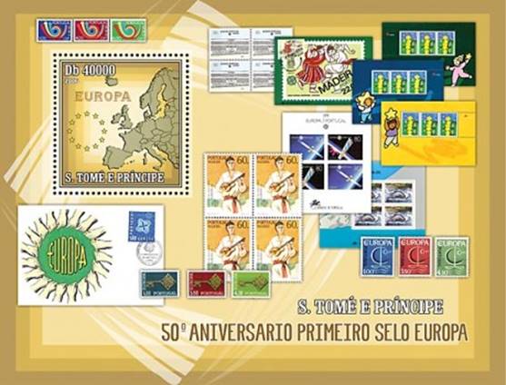 50th Anniversary First EUROPE stamp (CEPT, map of Europe, stamps EUROPE of Portugal S/s = 40 000 Db