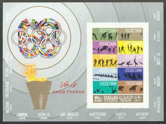 Stamp SHARJAH KHOR FAKKAN 1969 SS Mi Bl. 21 A Stamp MEX 1968 silhouette of 8